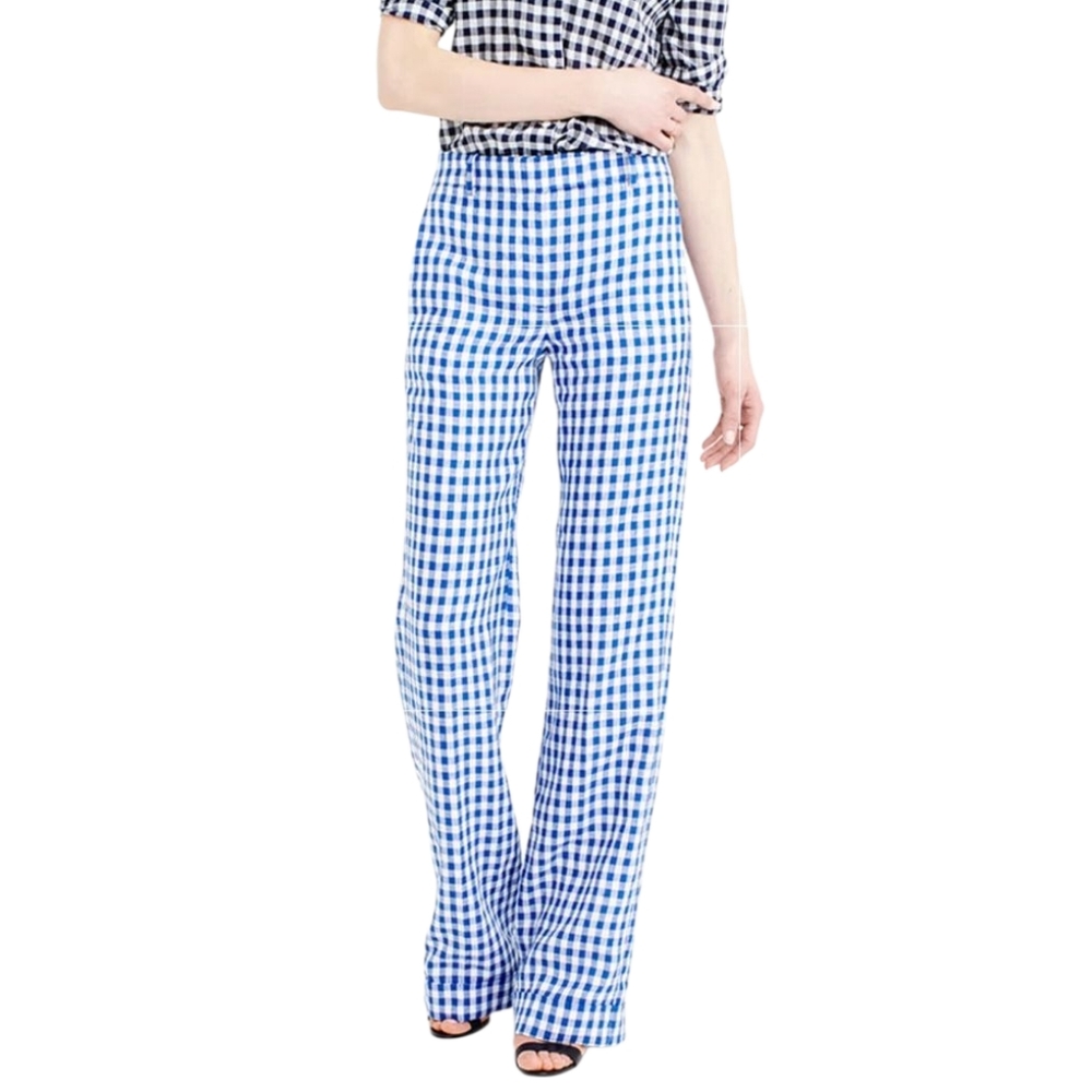 J. Crew Linen Petite Blue Gingham Pants Size 4P - Picture 2 of 11